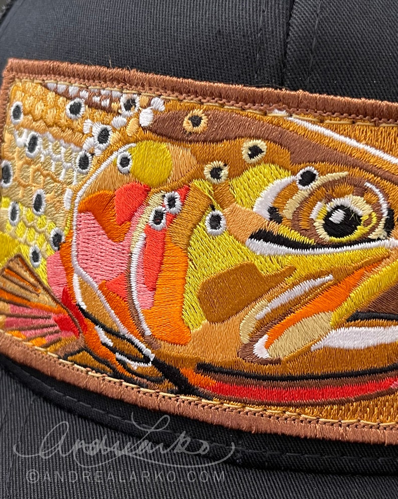 Embroidered Cutthroat Trout Patch Black Trucker Mesh Snapback Hat image 4