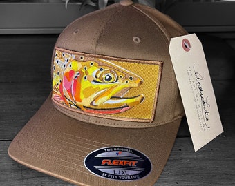 Limited Edition Signed and Numbered Embroidered Cutthroat Trout Patch Flexfit Caramel Silt Hat