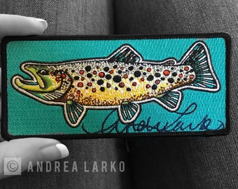 Patch de arte de peixe bordado com truta marrom 5,5" x 2,5"