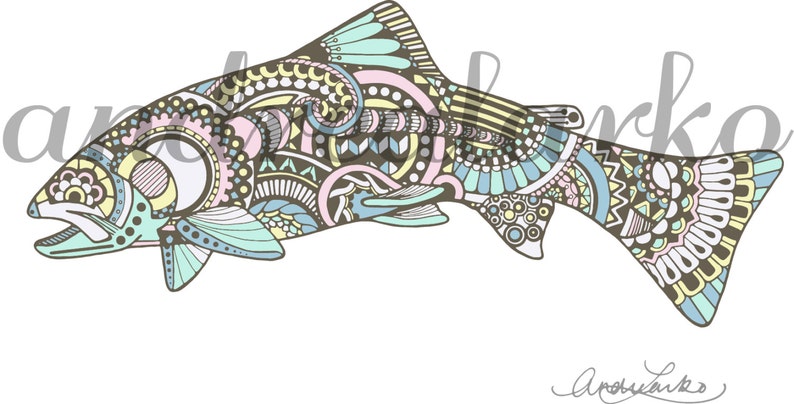 Zentangle Rainbow Trout Art Print 8.5x11 image 1