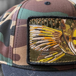 Embroidered Smallmouth Bass Patch Flat Brim Camo Wool Blend Snapback Hat image 5