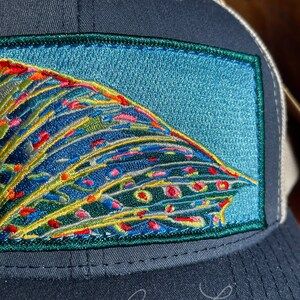 Andrea Larko Grayling Fin Embroidered Fly Fishing Trucker Snapbback Hat Zoom detail