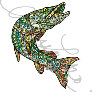 May include: A colorful, intricate illustration of a fish with a detailed pattern of green, blue, yellow, and red. The fish is jumping out of the water with its mouth open.