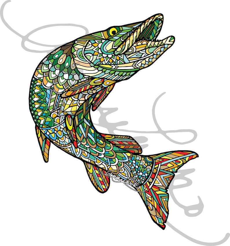 May include: A colorful, intricate illustration of a fish with a detailed pattern of green, blue, yellow, and red. The fish is jumping out of the water with its mouth open.