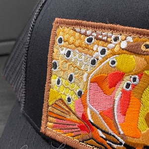 Embroidered Cutthroat Trout Patch Black Trucker Mesh Snapback Hat image 3