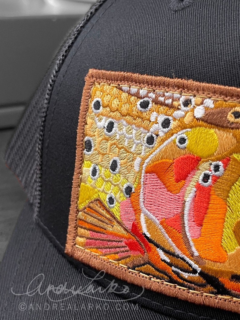 Embroidered Cutthroat Trout Patch Black Trucker Mesh Snapback Hat image 3