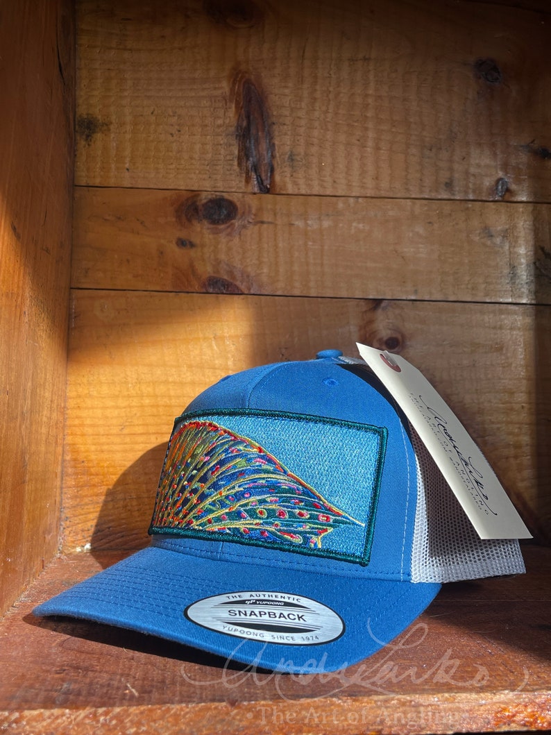 Embroidered Grayling Fin Patch Glacier Blue Trucker Snapback Hat image 2