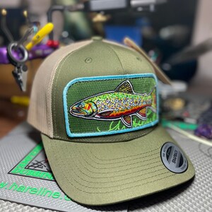Embroidered Brook Trout Patch Olive 6 Panel Patch Trucker Snapback Hat