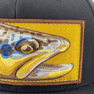 Embroidered Flat Brim Black Wool Blend Brown Trout Patch Black Snapback Hat image 3