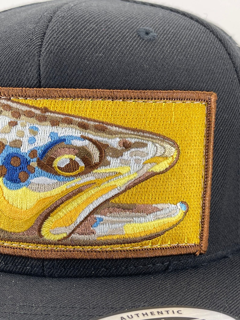 Embroidered Flat Brim Black Wool Blend Brown Trout Patch Black Snapback Hat image 3