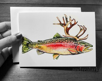 5 Watercolor "Reinbow" Trout Blank Holiday Greeting Cards 5"x7"