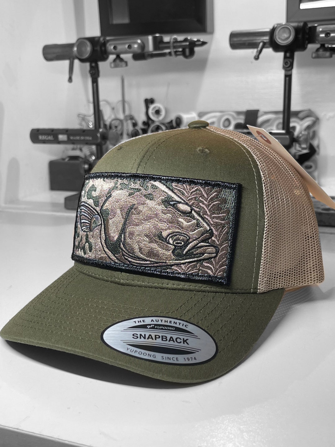 Embroidered Halibut Patch Moss With Tan Mesh Trucker Hat Etsy