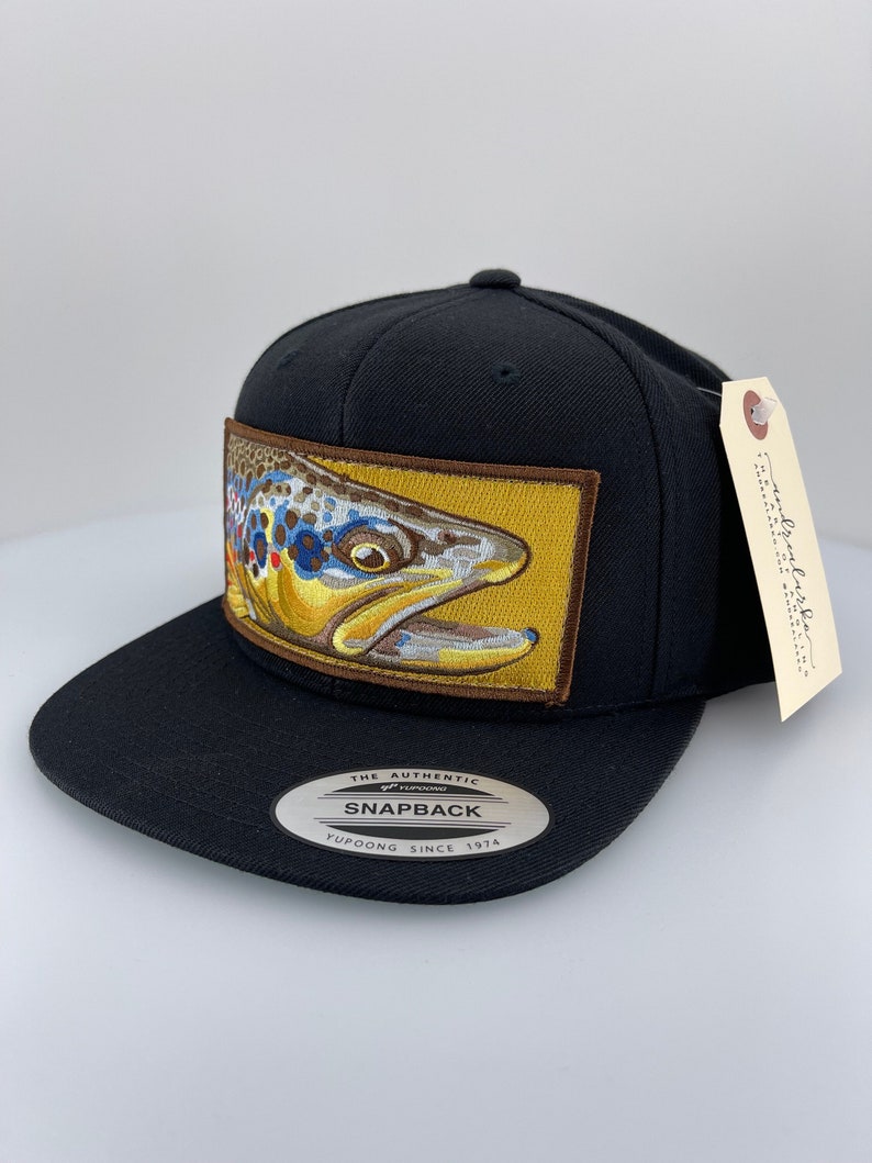 Embroidered Flat Brim Black Wool Blend Brown Trout Patch Black Snapback Hat image 1