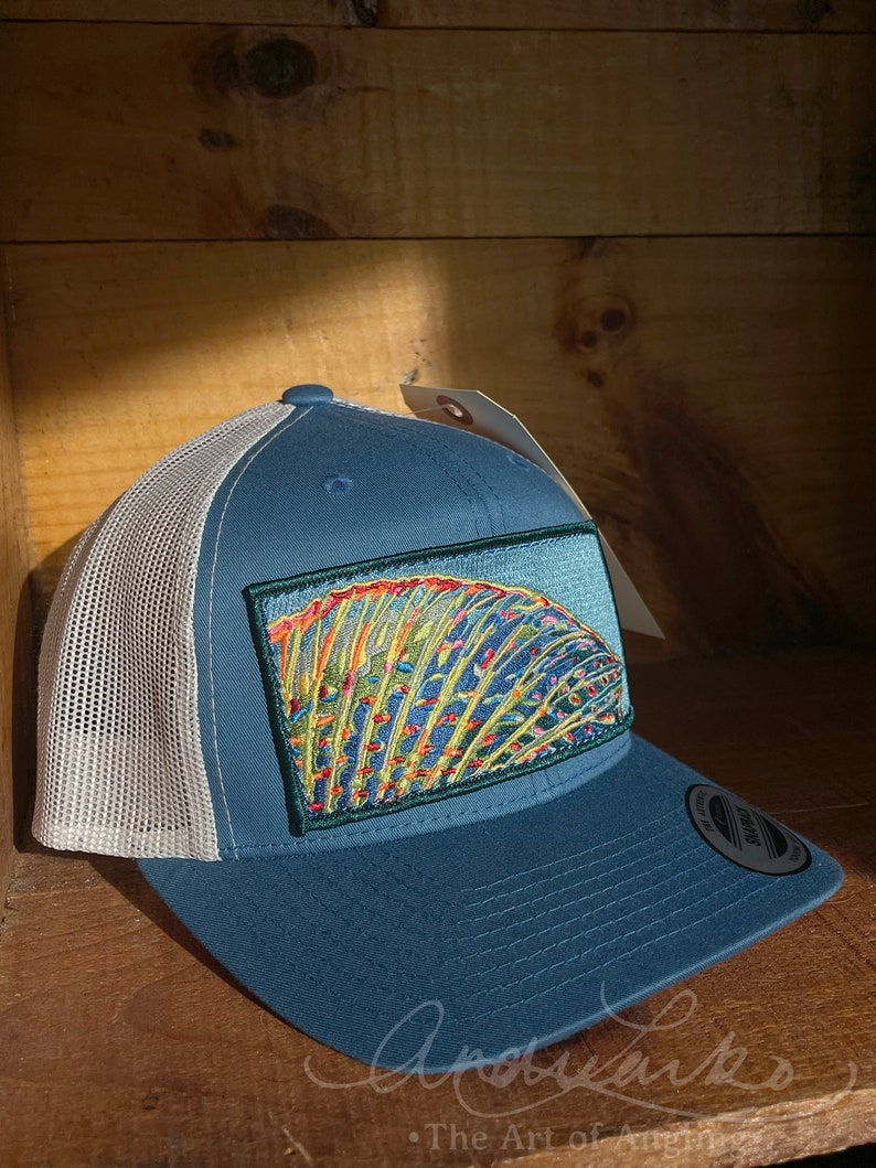 Embroidered Grayling Fin Patch Glacier Blue Trucker Snapback Hat image 3