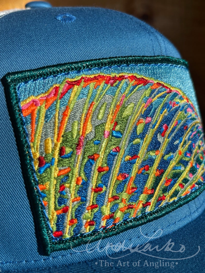 Embroidered Grayling Fin Patch Glacier Blue Trucker Snapback Hat image 4