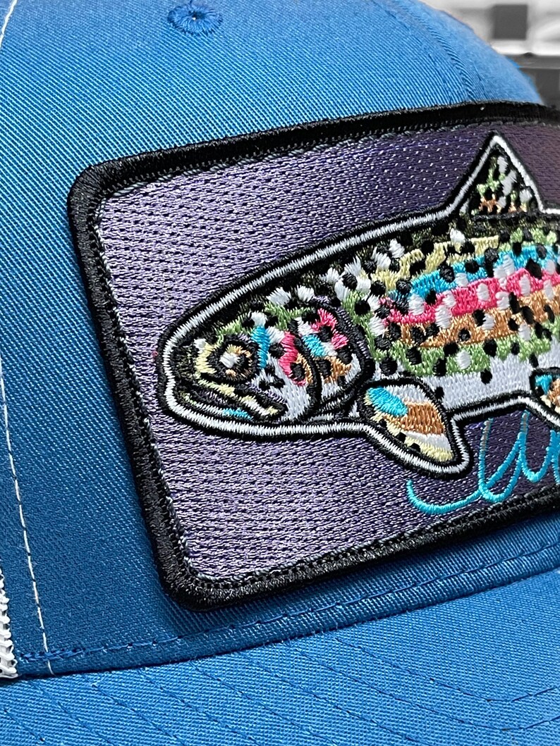 Embroidered Rainbow Trout Patch Steel Blue Trucker Hat image 6