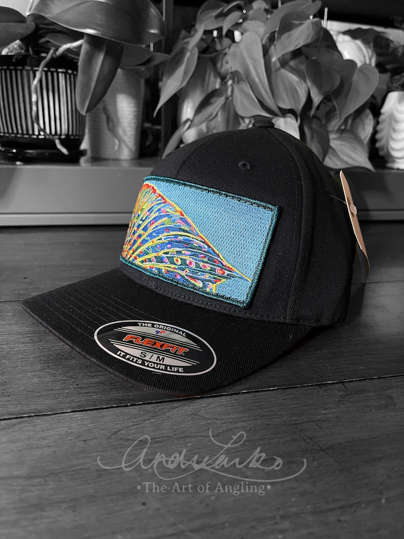 Limited Edition Embroidered Grayling Fin Patch Black Flexfit Hat image 10
