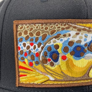 Embroidered Flat Brim Black Wool Blend Brown Trout Patch Black Snapback Hat image 4