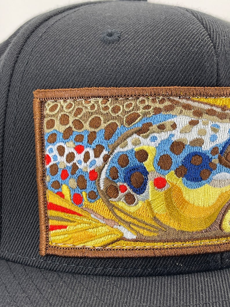 Embroidered Flat Brim Black Wool Blend Brown Trout Patch Black Snapback Hat image 4