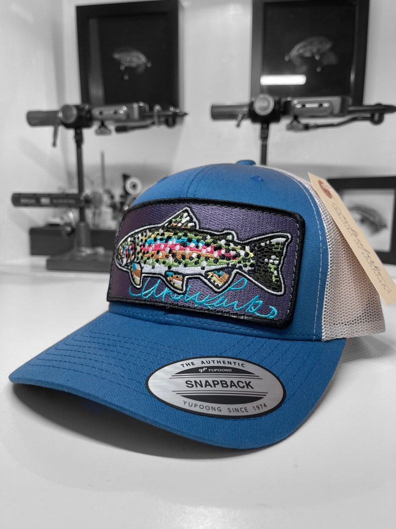 Embroidered Rainbow Trout Patch Steel Blue Trucker Hat image 4