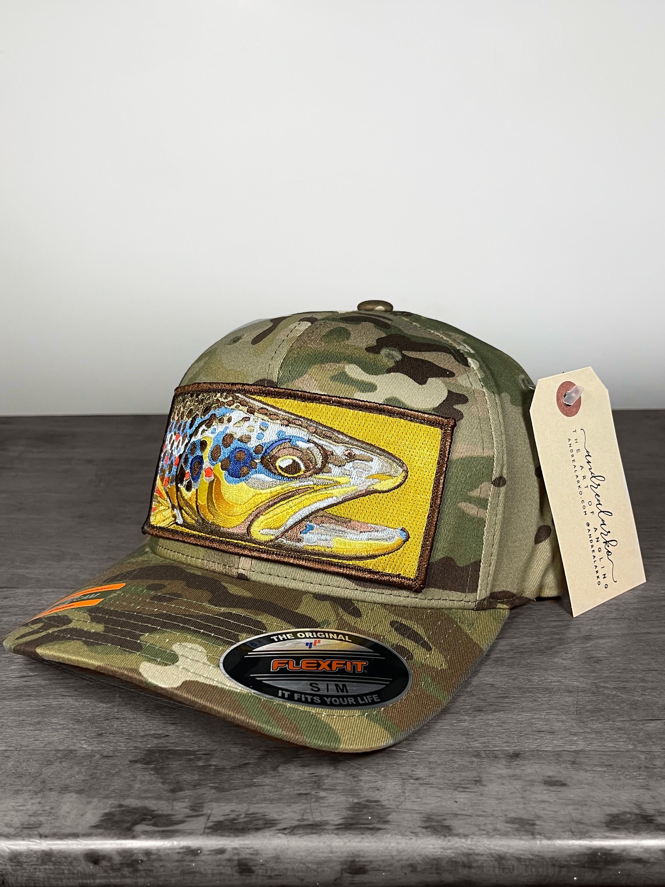 Limited Edition Embroidered Brown Trout Patch Flexfit Muitcam Hat