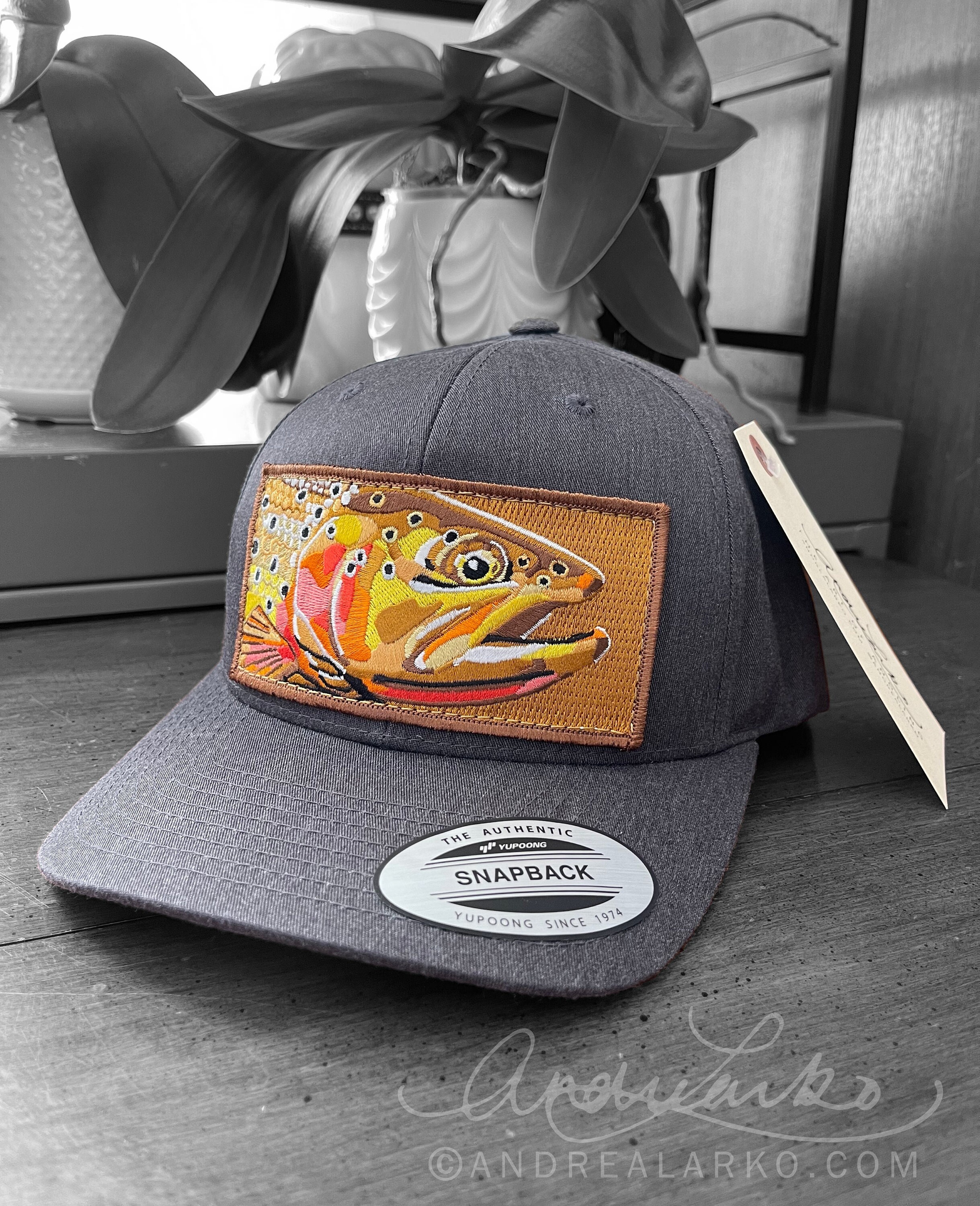 Embroidered Cutthroat Trout Patch Slate Gray Full Fabric Trucker
