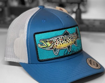 Embroidered Brown Trout Patch Steel Blue Trucker Hat