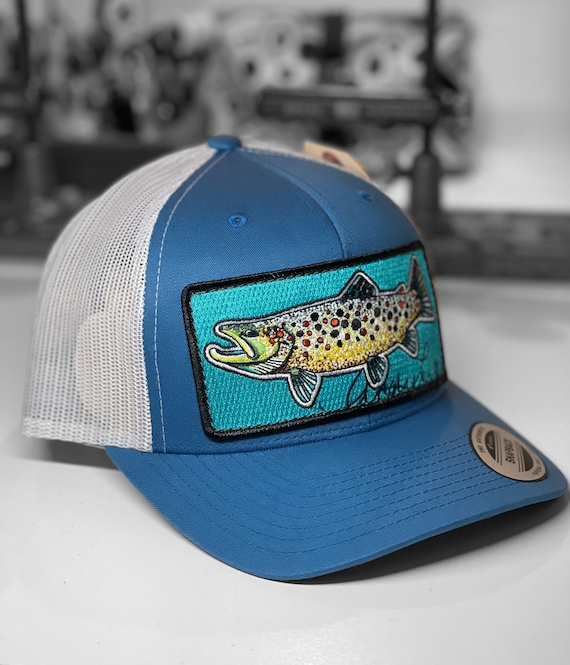 Embroidered Brown Trout Patch Steel Blue Trucker Hat 