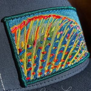 Andrea Larko Grayling Fin Embroidered Fly Fishing Trucker Snapbback Hat Zoom detail