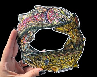 Vinilo mate impermeable de 7" con diseño de trucha marrón y trucha arcoíris (estilo Zentangle).