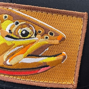 Embroidered Cutthroat Trout Patch Black Trucker Mesh Snapback Hat image 2