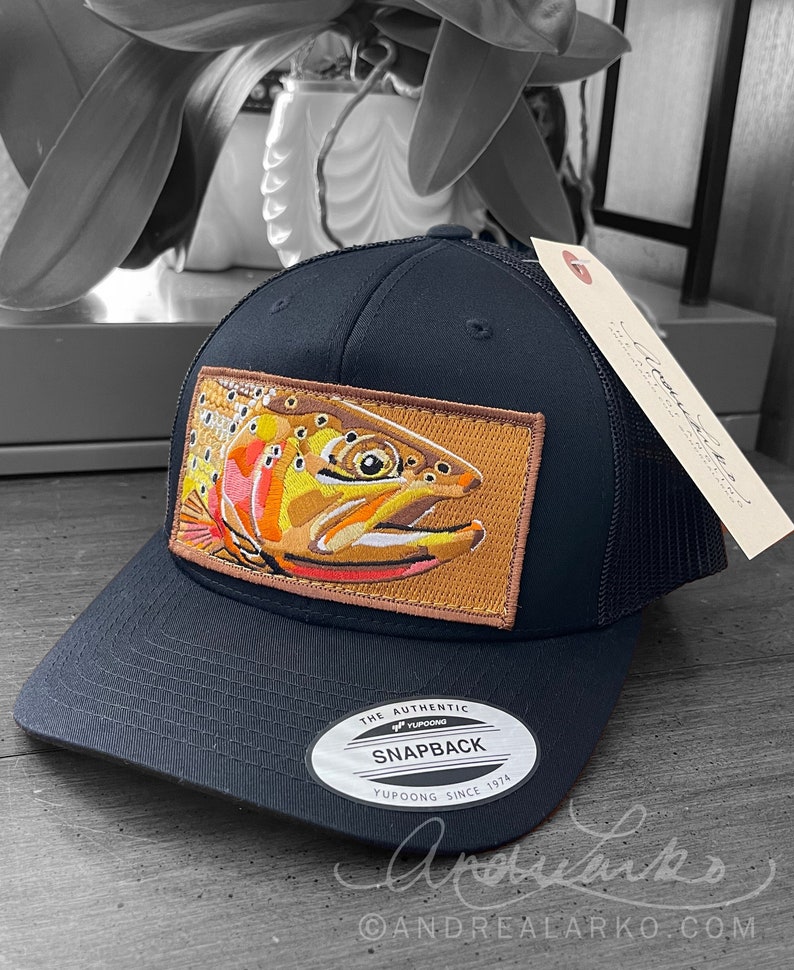 Embroidered Cutthroat Trout Patch Black Trucker Mesh Snapback Hat image 1