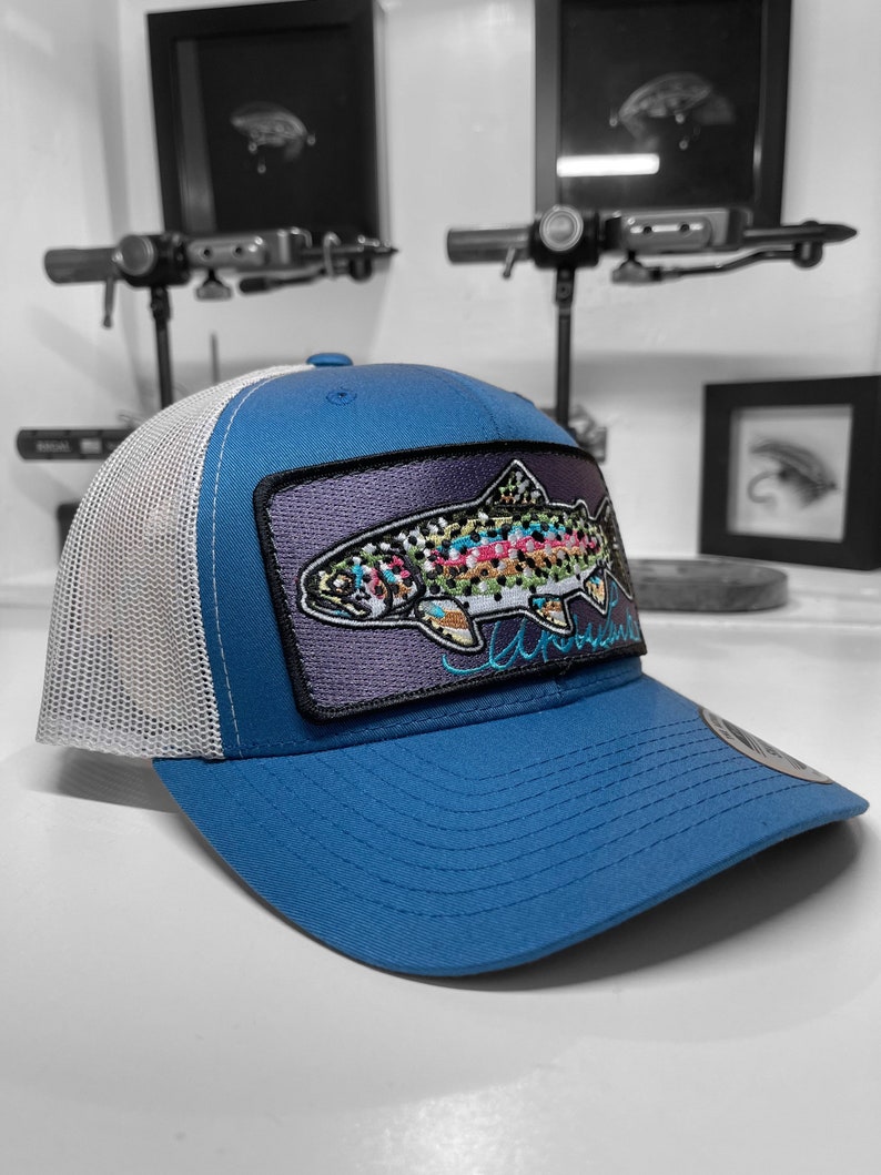 Embroidered Rainbow Trout Patch Steel Blue Trucker Hat image 5