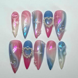 Handmade Pastel Chrome 3D Hearts Stars Pink Blue Holographic Press On Nails