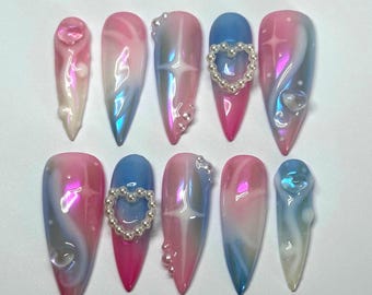 Handmade Pastel Chrome 3D Hearts Stars Pink Blue Holographic Press On Nails