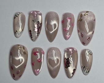 Handmade Gold Champagne Heart Cat Eye Press On Nails: Gold pink Chrome Girly