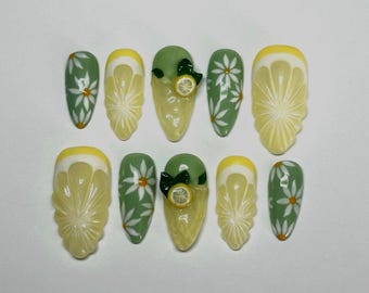 Handmade Lemon 3D Nail Art Daisies Fruit Green Yellow Press On Nails