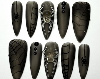 Handmade Halloween Matte Black 3D Spiders Spiderwebs Gothic Press On Nails