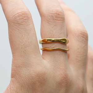Non-tarnish Gold Ring Set - 18k Gold Filled Wave Rings Set of 2 - Irregular Shape Stacking Rings - Stainless Steel Gold Filled Band Set