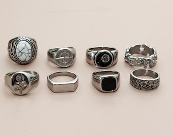 Mens Ring Silver Signet Ring For Men,Stainless for Him Pinky Ring, Mens Rings,Black Onyx Ring,Mens Jewelry,Stainless Steel Band Ring