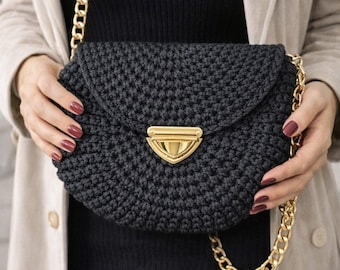 Crochet Round Bag Pattern | Black T-Shirt Yarn Shoulder Bag Tutorial (PDF Download)