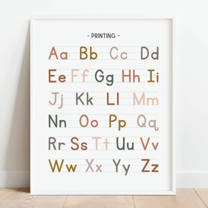 Impresión de póster neutro con alfabeto, letras escritas a mano, arte mural educativo, material imprimible para educación en el hogar, decoración del aula, DESCARGA DIGITAL