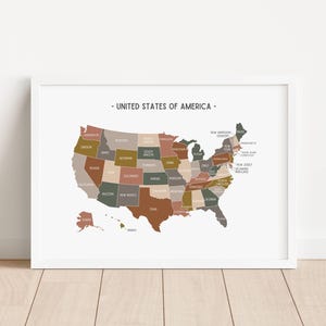 Stampa neutra della mappa degli USA, arte murale educativa, stampabile per la scuola domestica di geografia americana, poster per decorazioni per l'aula, stampe per bambini, DOWNLOAD DIGITALE