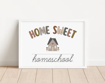 May include: A white framed print with the text "Home Sweet Homeschool" in a colorful font. A small house with a heart on the door is above the text.