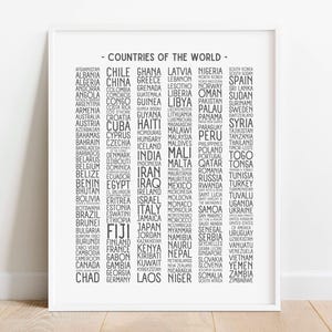 May include: A black and white printable poster with a list of all the countries of the world. The countries are listed in alphabetical order.