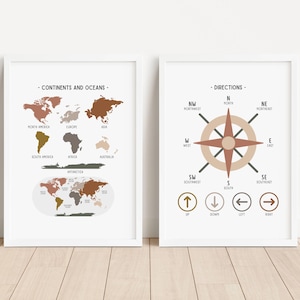 2er Set Neutral Geographie Lernposter, Kontinente Richtungen Weltkarte Homeschool Printables, Klassenzimmer Dekor, DIGITAL DOWNLOAD
