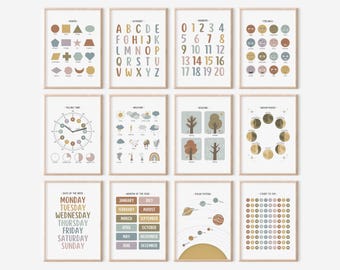May include: A collection of twelve framed educational posters. The posters cover topics such as shapes, the alphabet, numbers, emotions, telling time, weather, seasons, moon phases, days of the week, months of the year, the solar system, and counting to 100.