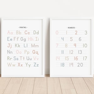 Juego de 2 carteles con gráficos impresos en colores pastel, números del alfabeto escritos a mano, póster educativo, alfabeto imprimible para educación en el hogar, DESCARGA DIGITAL