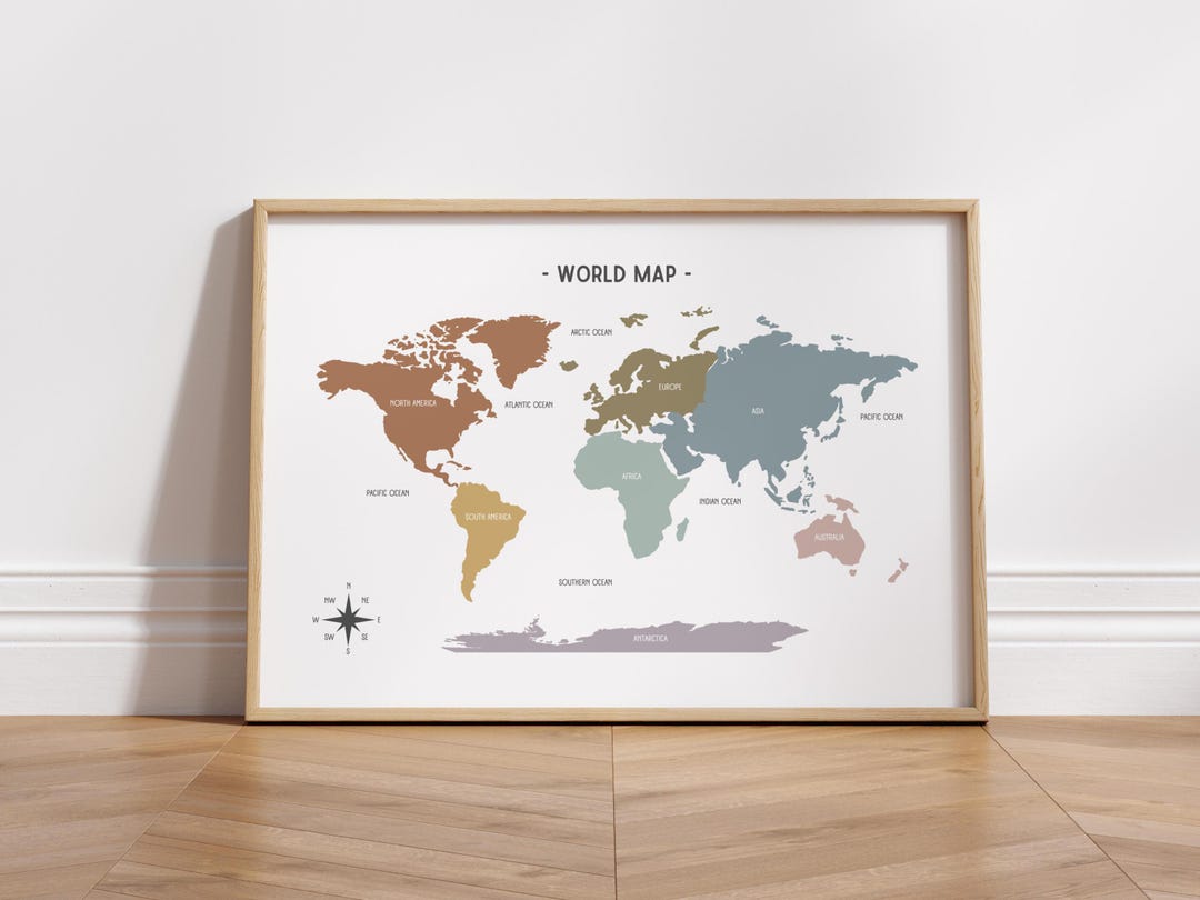 World Map Muted Rainbow Print, Educational Wall Art, Continents ...