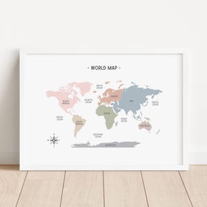 Impresión de mapa del mundo en colores pastel, arte de pared educativo, geografía imprimible para la educación en el hogar, póster de decoración del aula, impresiones bohemias para guarderías, DESCARGA DIGITAL